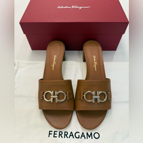 Salvatore Ladies Brown Rhodes Gancini Heel Sandals, Size 9.5 - Picture 3 of 13